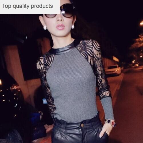 New 2015 Spring Autumn Fashion Women Lady Small Lace Patchwork Slim Fit Tops Tees Long Sleeve T Shirt Gray, Black S~2XL ZL2833