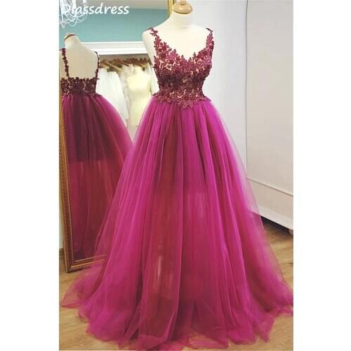 Fuchsia Prom Dresses Spaghetti Straps A-line Applique Backless V-neck Floor Length Tulle Illusion Evening Dress вечерние платья