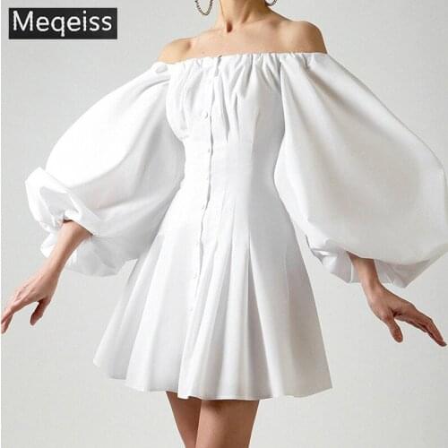 Meqeiss New Lantern Sleeve Elegant Button Up Mini Dresses Off Shoulder Sexy Backless Dress Autumn Bodycon Solid Bustier Dress