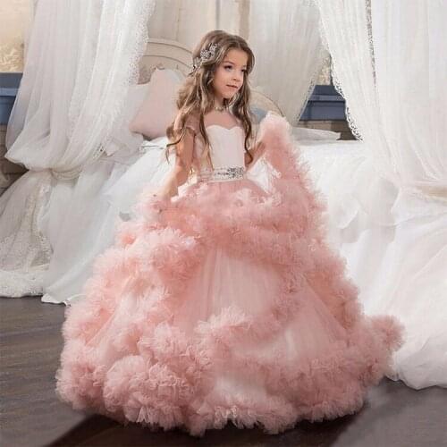 New Flower Girl Fashion Dresses Blush Pink First Communion Gowns For Girls Ball Gown Cloud Beaded Pageant Gowns