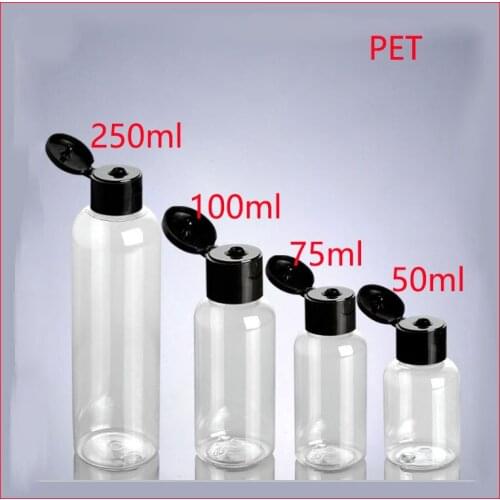 50/75/100/250ML Clear PET empty plastic bottle w black flip cap makeup container cosmetic skin care Refillable Bottles