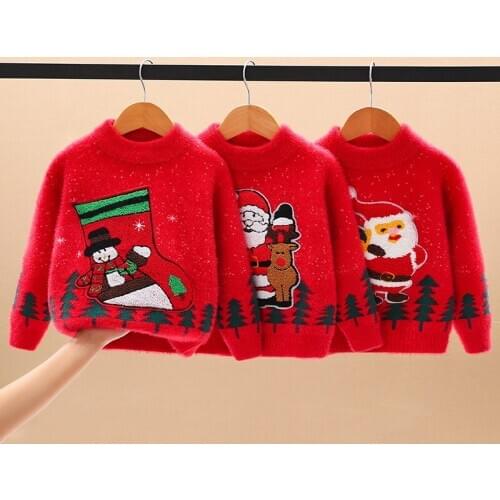 Christmas New Year Red Girl Mink Sweater Winter Cartoon Thickened Childrens Sweater Christmas Jersey