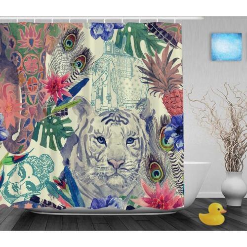 Cute Tiger And Flowers Decor Shower Cutains Animal And Nature Bathroom Shower Curtains Polyester Waterproof Fabric With Hooks