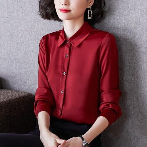 2021 European Autumn Silk Satin Shirts Blouses For Women Long Sleeve Ladies Solid Shirt Tops High Quality Button Up Clothing