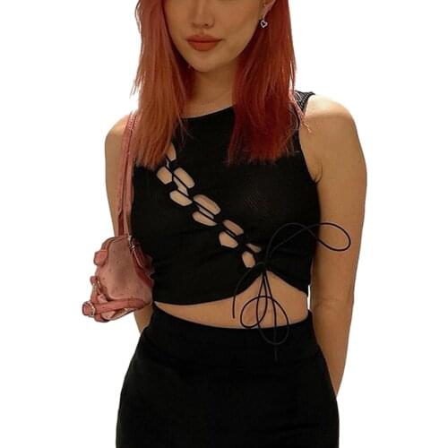 Women Casual Tank Tops Vest Sexy Crop Tops Black Solid Hollow Out Fashion Backless Streetwear Basic Tees Black Skinny Clubwear