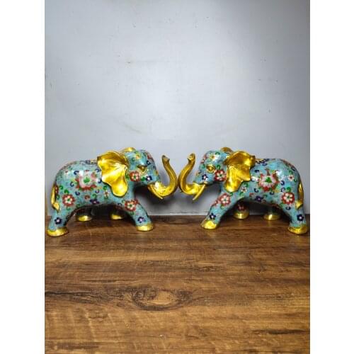 11" Tibet Buddhism Old bronze Cloisonne Enamel Elephant statue A pair Lucky Peace and prosperity African elephant ornaments