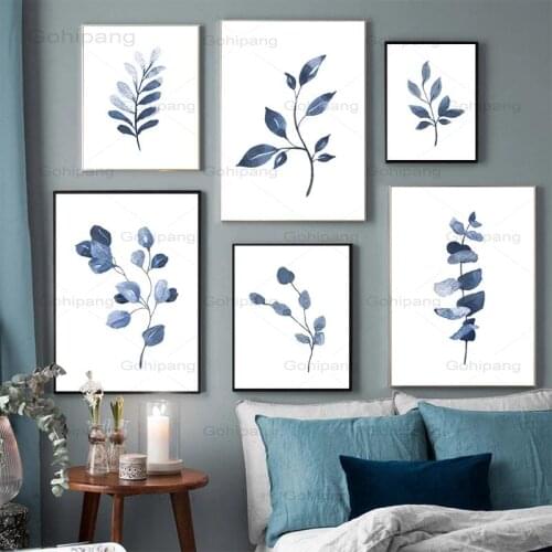 Watercolor Leaves Canvas Painting Indigo Blue Botanical Posters and Prints Navy Blue Wall Art Picture for Living Room Home Decor