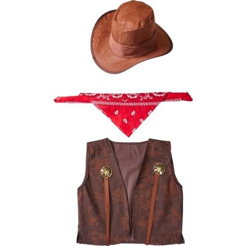 Umorden Kids Child West Cowboy Costume Cowgirl Cosplay Vest Hat Scarf 3pcs set Halloween Purim Party Fantasia Dress up
