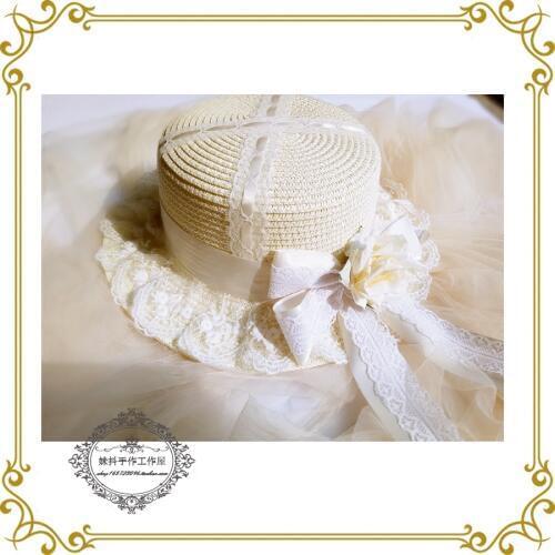 Multicolor sweet lolita lace long ribbon flat-topped straw hat shading hand-made soft sister