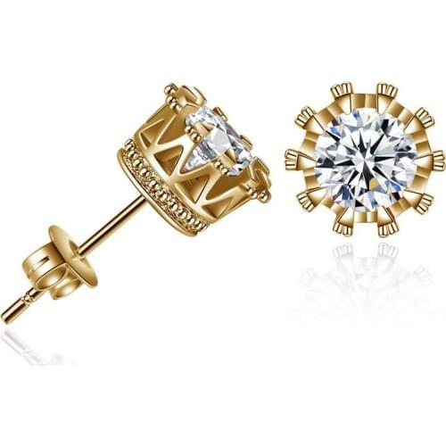 Fashion Jewelry Crown Women Classic Shining Zircon Small Stud Earrings Gold Color Ears Stud For Men Crystal Earrings