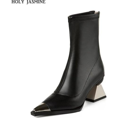 2020 New Fashion Womens Shoes Winter Pointed Toe Special-shaped Heels Ladies Boots Elegant Leather ankle Boots Zip party shoes