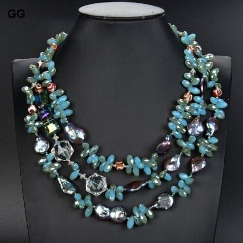 GuaiGuai Jewelry Natural Pearl 3 Rows 24MM Black Keshi Pearl Blue Crystal Necklace