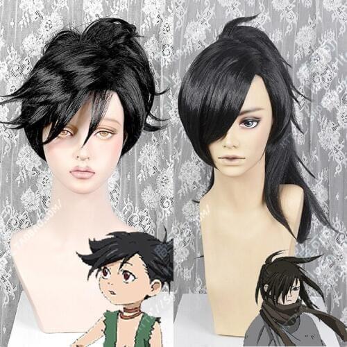 Anime Dororo Hyakkimaru Short Black Ponytail Clip Heat Resistant Hair Cosplay Costume Wigs + Free Wig Cap