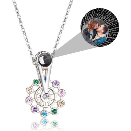 Personalized Ferris Wheel Shaped Colorful Crystal Custom Photo Name Pendant Customized Projection Necklace Womens Jewelry Gifts