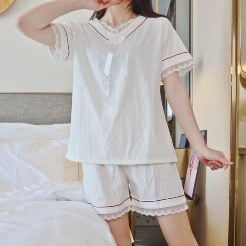White V-Neck T-shirt Shorts Lace Trim 2PCS Pajamas Set Women Summer New Cute Bow Sleepwear Loose Nightwear Lounge Home Pijama