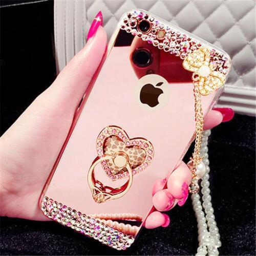 Luxury Rhinestone Case Cover For iPhone12 11 Pro MAX 6 7 8 Plus X Xs Max XR Phone Case Glitter Mirror Ring Holder Stand Soft TPU