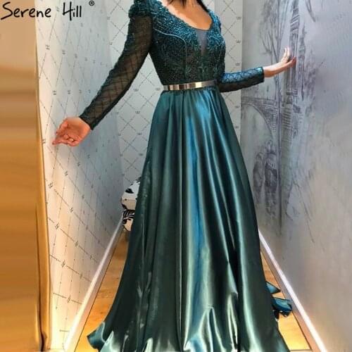 Serene Hill Muslim Green Satin Evening Dresses Gowns 2021 Beaded A-Line For Women Wedding Party LA71252