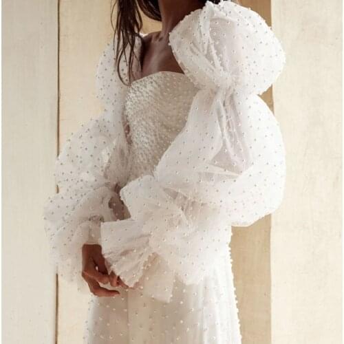 Wedding Boleros White Pearls Long Sleeves 58 CM Detachable Bridal Bicep Handmade Puff Sleeves For Bridal Accessories 2021