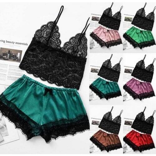Women Sleep Wear Sexy Lingerie Satin Lace V-Neck Camisole Shorts Set Sleepwear Pijamas Women Sexy Sleeping Clothes пижама