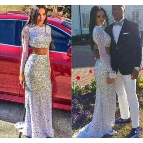 Sparkly Prom Dresses 2020 Mermaid Beaded Elegant Two Pieces Floor Length Long Sleeve Special Occasion Dresses For Evening