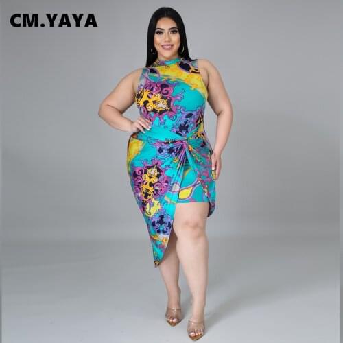 CM.YAYA Women Dress Print Sleeveless O-neck Button Sheath Elastic Asymmetrical Midi Dresses Office Lady Street Outfit Summer