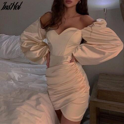 Women Off Shoulder Sexy Pleated Wrap Summer Dress Lantern Sleeve Solid High Street V Neck Mini Dress Vestidos 2021