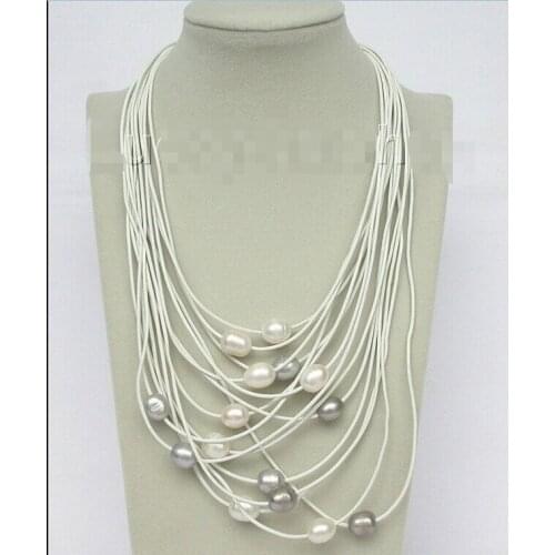 FREE SHIPPING>>>@@ > 17"-24" 15row 14mm white Gray pearls white leather necklace j8807 ^^^@^Noble style Natural Fine jewe