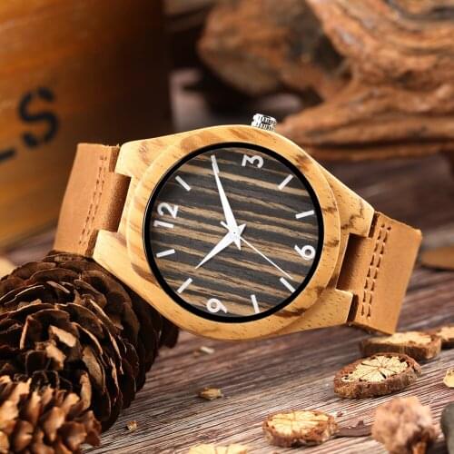 Handmade Wooden Watch for Men Simple Design Bamboo Watch for Boy Green Leather Band Natural Wood Watches for Teenager
