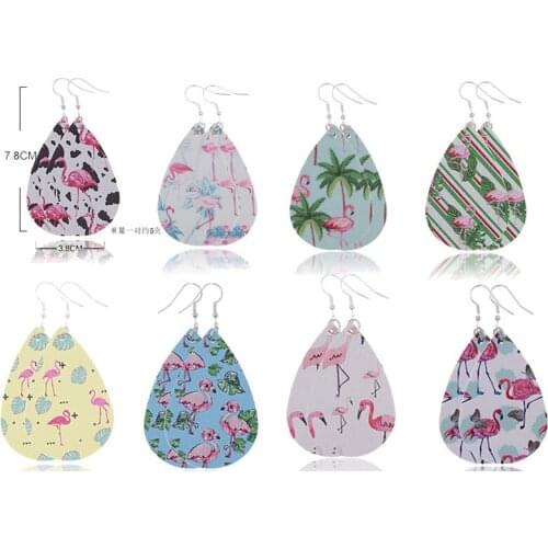 Flamingo Teardrop Leather Pendant Earrings New Trendy Double Sided Cute Print Drop Earrings For Women Valentines Gift Jewelry