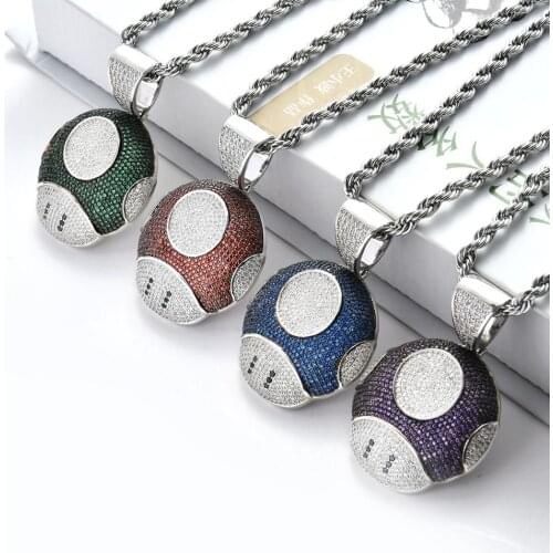 Hip Hop Micro Pave AAA+ Cubic Zirconia Bling Ice Out Mushroom Pendants Necklace for Men Rapper Jewelry Gifts