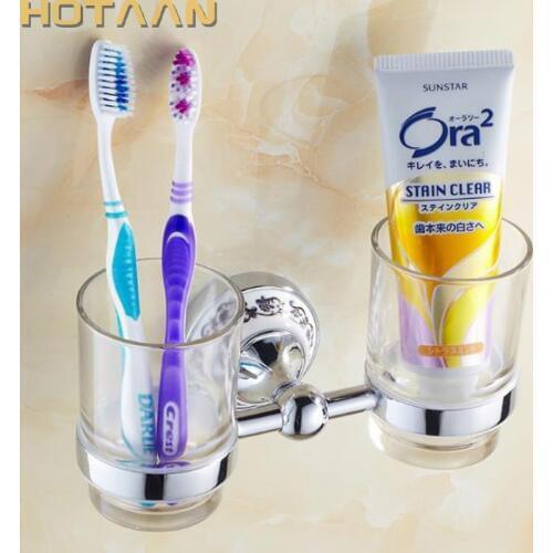 Chrome Color Tumbler Holders Double Glass Cup Holders Wall-mount Toothbrush Tooth Cup Holders Bathroom Accessories Hardware