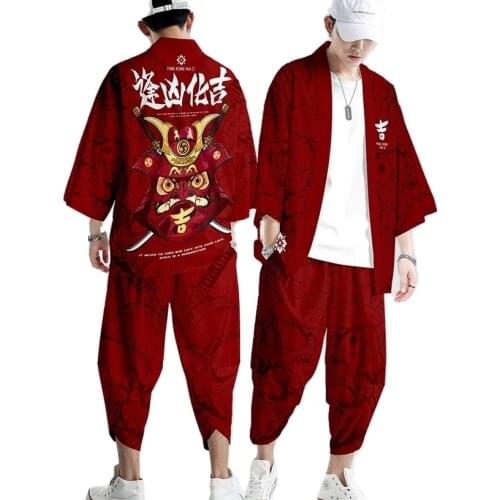 Plus Size XS-6XL Red Lucky Cow Print Japanese Style Fashion Kimono and Pant Set Men Women Cardigan Haori Obi Asian Clothes