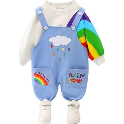 Cute Baby Boys Girls Set 2021 New Spring Autumn Kids Rainbow Print Pullover+Overalls Pants/2Pcs Suits for Boys Children Clothing