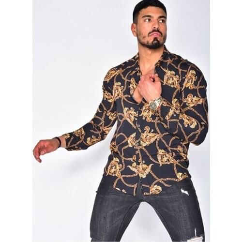 Mens Long Sleeve Age Season Casual Button-Down Shirts Top Fashion Holiday Floral Print Man Glamour Muscle Tops