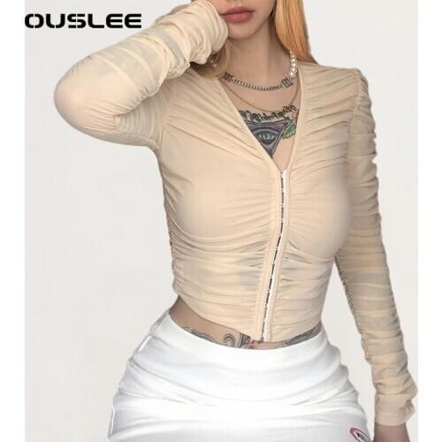 OUSLEE 2021 New Fashion O-neck Slim T-shirts Women Long Sleeves Single Breasted Sexy Tshirts Spring Autumn Tee Shirt Female Tops