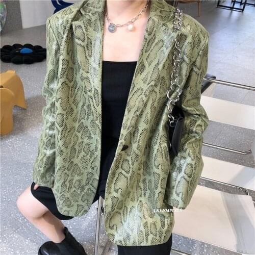 2021 New Spring Autumn Women Green Printed Big Size Blazer New Lapel Long Sleeve Loose Fit Jacket Fashion Tide XZ68