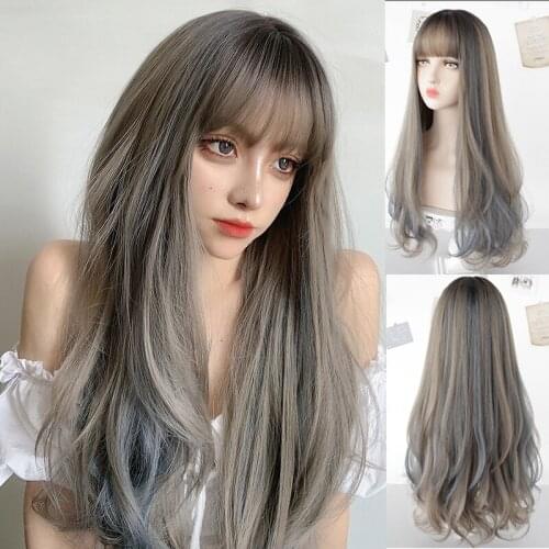 Highlights Long Wavy Hair Haze Blue Wig Gradient Long Hair Lolita Daily Role Play Heat Resistant Synthetic Wig