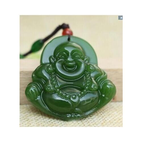 Natural hand-carved black green jade buddha Lucky Amulet pendant necklace