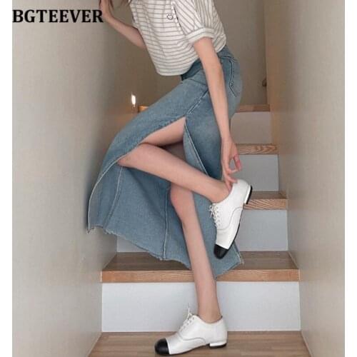 BGTEEVER Casual Side Split Women Denim Skirts 2021 Summer Female Straight Jeans Skirt High Waist Ladies Stretched Skirt