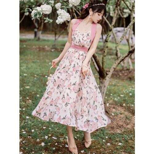 Pink Vintage Print Maxi Dress Women French Niche French Chic V-neck Slim Sexy Backless Elegant Party Vestido Summer 2021 New