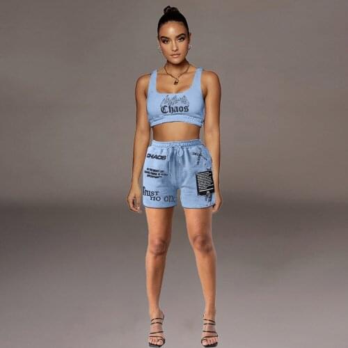 Letter Print Sportswear 2 Two Piece Set Women Outfits Active Wear Tracksuit Wokrout Tank Top and Jogger Shorts Matching Outfit