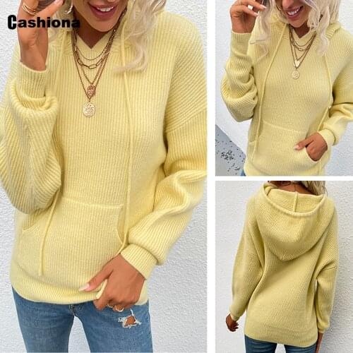 Long Sleeve Hooded Sweaters with Pocket Solid Casual Pullovers 2021 Autumn Fashion Tops Streetwear Female Chic Knitted Sweater