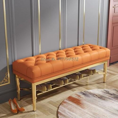 Shoe changing stool Home entrance American light luxury sofa stool Modern minimalist door soft cushion leather bed end stool