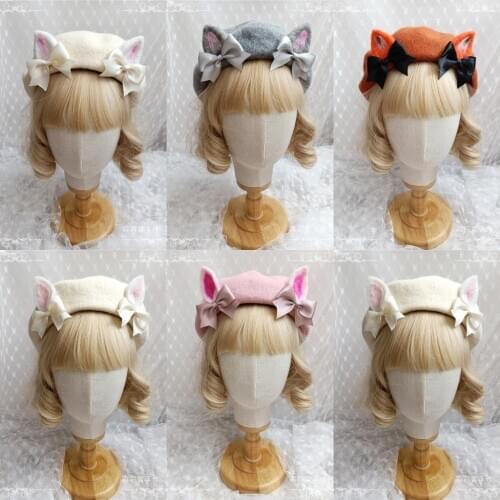 Japanese Sweet Lolita Girl Beret Hat Soft Sister Cute Animal Cat Rabbit Fox Ears Bow Autumn Winter Kawaii Painter Cap Baked Cake