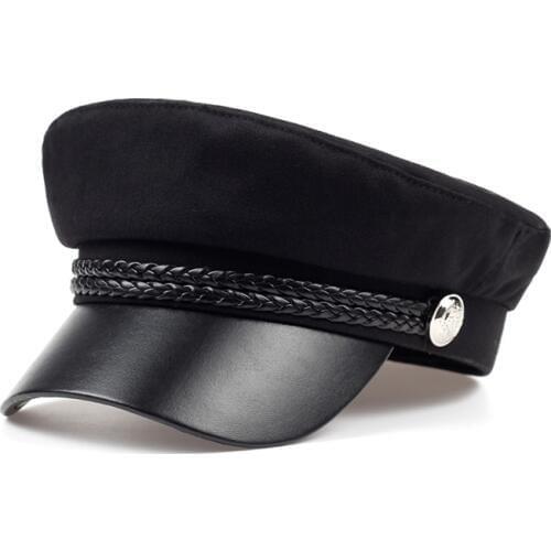 2019Female hat spring 100% cotton navy hat fashion black leather fixed crown silver buckle winter warm hat Berets hat cap