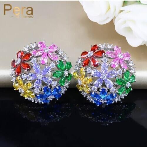 Pera Romantic Big Round Cute Hollow Out Colorful CZ Crystal Silver Color Flower Ball Stud Earrings for Women Party Jewelry E309