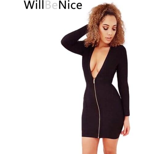 WillBeNice Black 2019 Fashion Womens Sexy Deep V Neck Autumn Long Sleeve Winter Bandage Dresses Bodycon Celebrity Party Dress
