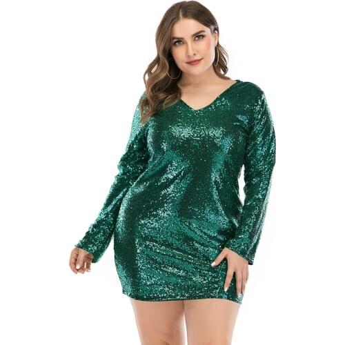 Women V Neck Sequin Dress Vintage Bodycon Mini Dress 2020 Autumn Long Sleeve Club Shining Dress Party Female Vestidos Robes