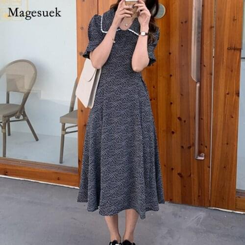 Summer Sweet Peter Pan Collar Puff Short Sleeve Dress 2021 Polka Dot Chiffon Dresses Women Midi Long Dress Elegant Vestido 15231