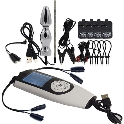 Strong BDSM Electro Shock Host,Electric Stimulate Anal Plug/Penis Ring/Urethral Plug/Nipple Clamp/Massage Pad Sex Toy For Couple
